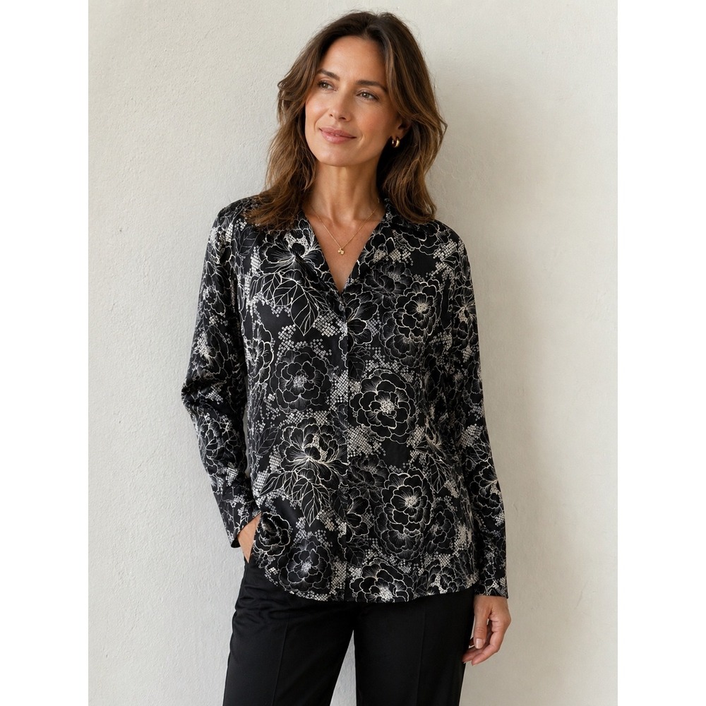 Lane Bryant 100% Silk Shirt Size 22/24 Floral Snakeskin Print Button Down Black